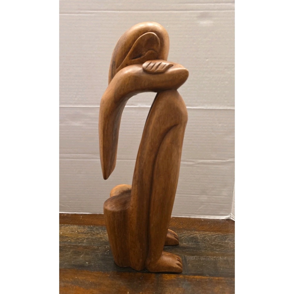 Large 15" Vtg Hand Carved Wood Weeping Buddha Yogi Statue Orang Malu Abstract